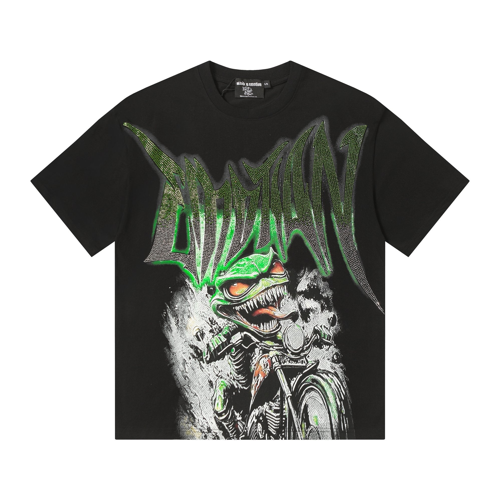MIXED EMOTION Green Graphic Rhinestone T-Shirt — hero