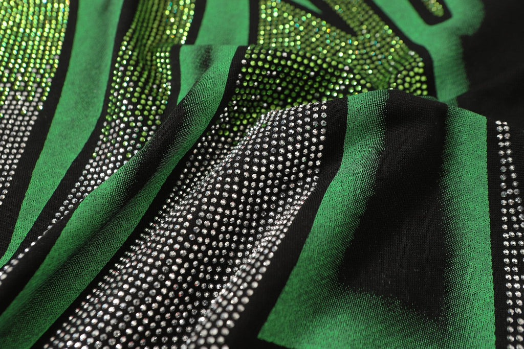 MIXED EMOTION Green Graphic Rhinestone T-Shirt — detail