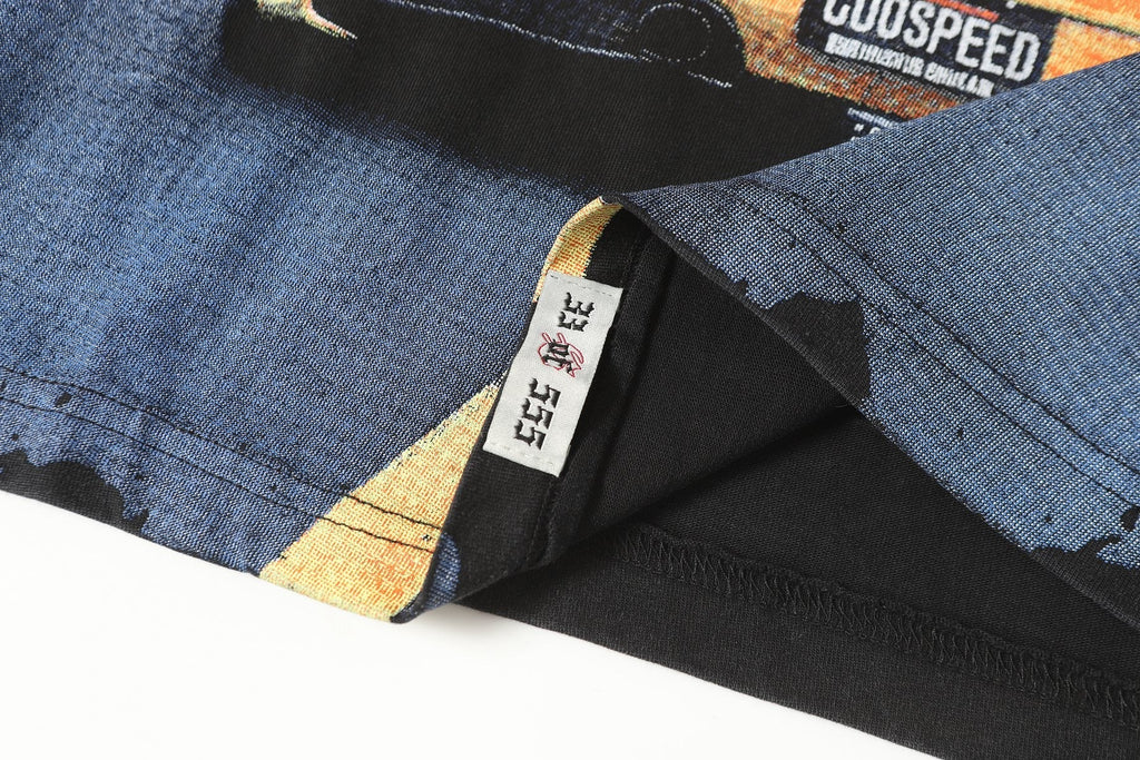 Godspeed Washed Black Racing Car Graphic T-Shirt — fabric_closeup