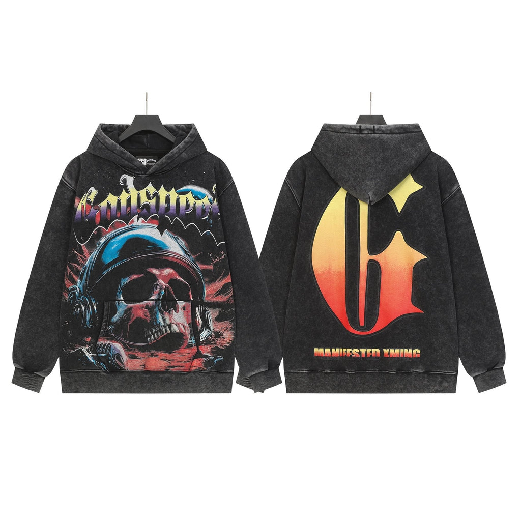 Godspeed Skull Graphic Acid Wash Hoodie — front