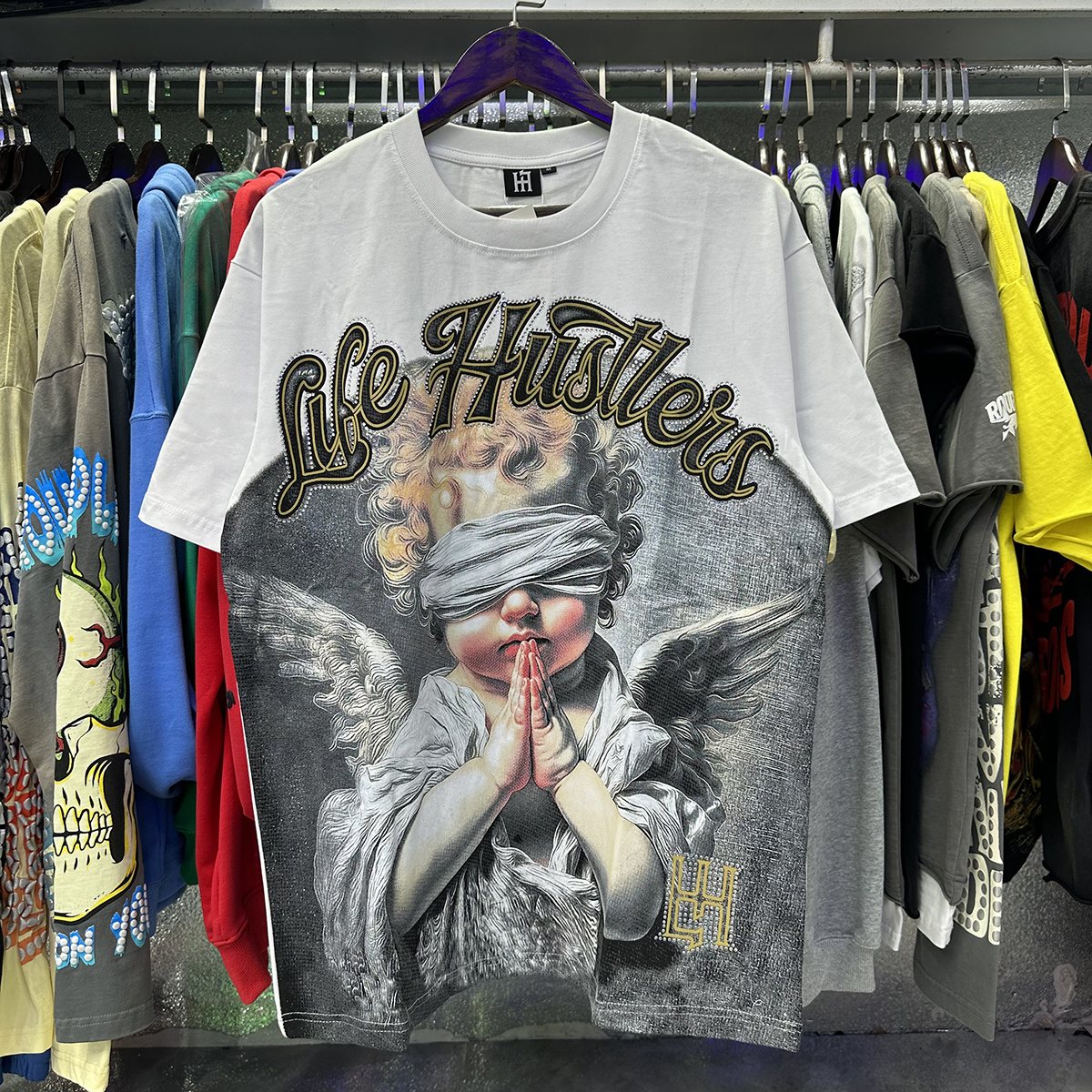 Life Hustlere Praying Angel Rhinestone Graphic T-Shirt — context