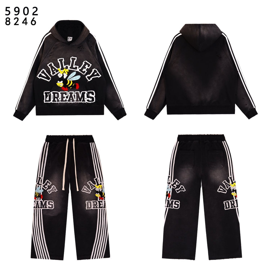 VALE USA Bee Embroidered Striped Hoodie & Sweatpants Set — front