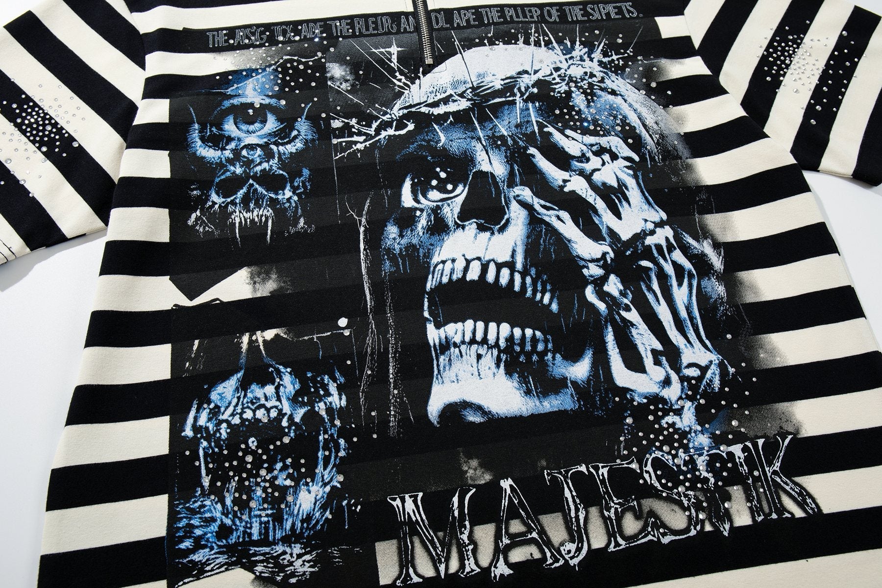 MAJESTIK Skull Graphic Striped Zip-Collar T-Shirt — detail