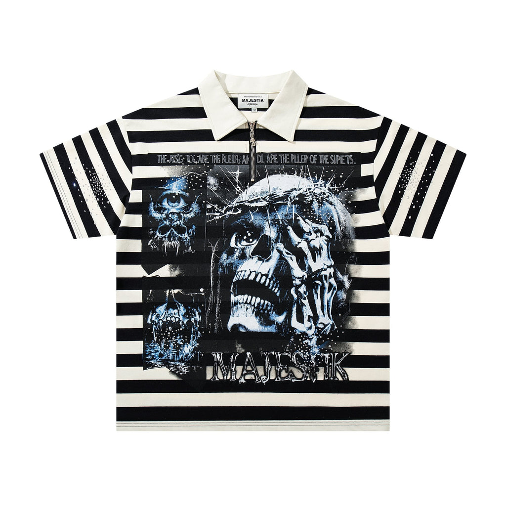 MAJESTIK Skull Graphic Striped Zip-Collar T-Shirt — hero
