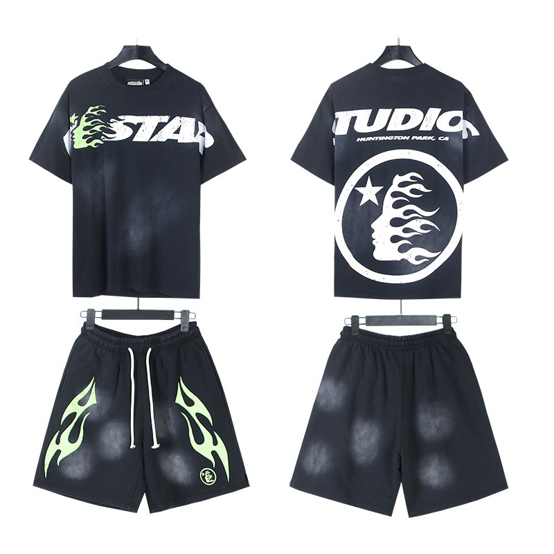 Hellstar Green Flame Graphic T-Shirt and Shorts Set — front