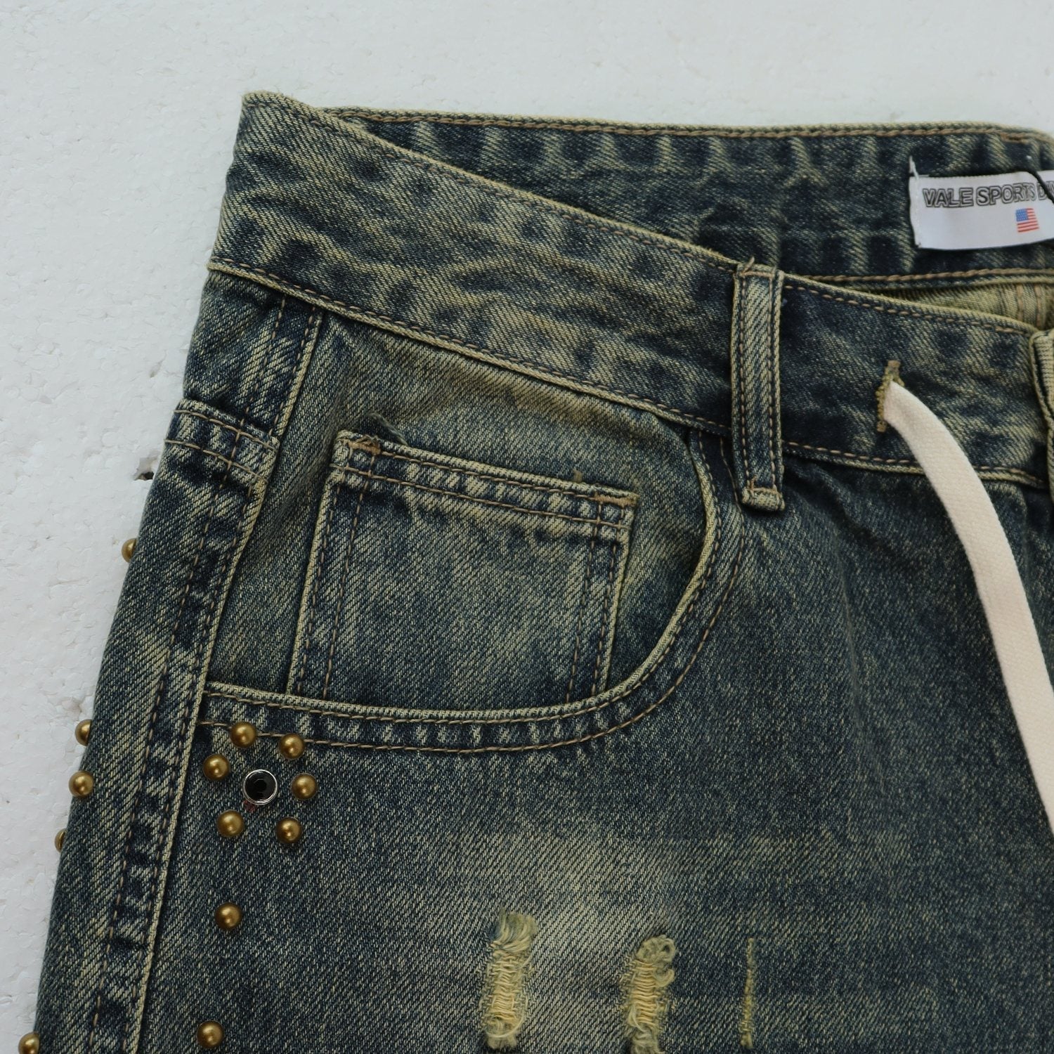 VALLEY Studded Distressed Washed Denim Shorts — detail