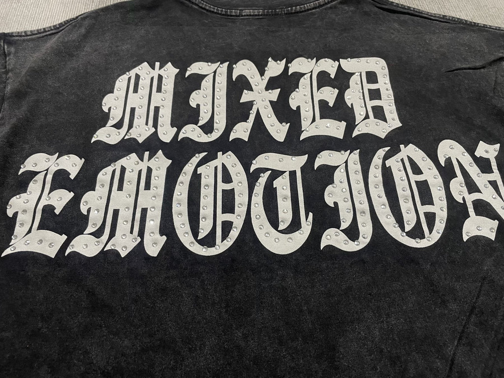 MIXED EMOTION Rhinestone Graphic Acid-Wash T-Shirt — detail