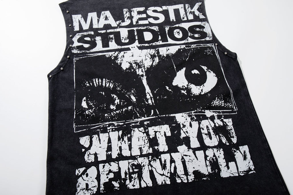 MAJESTIK Washed Black Studded Sleeveless T-Shirt — detail