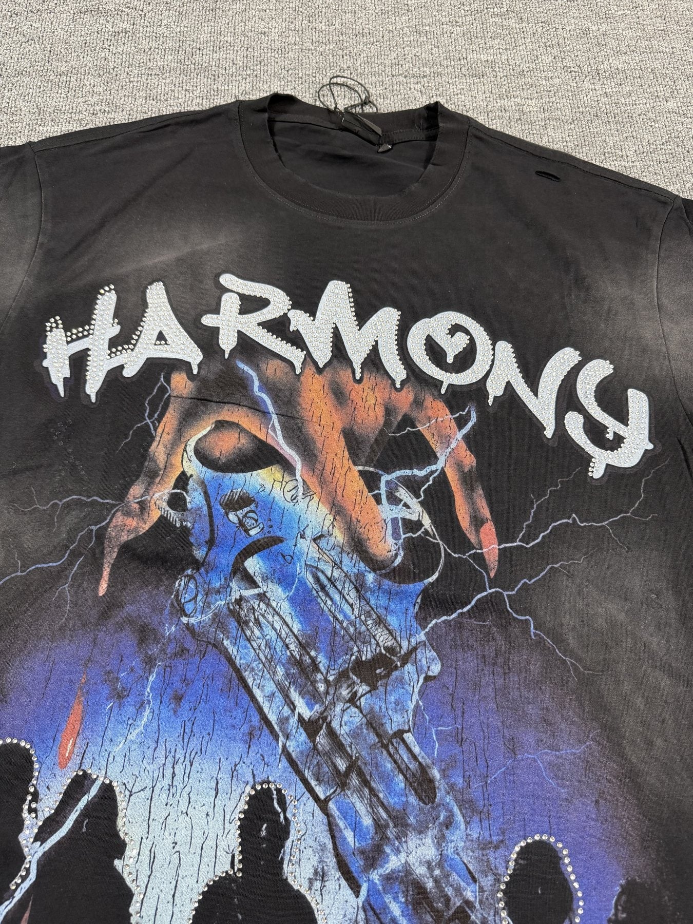 HARMONY New Age Distressed Rhinestone Graphic T-Shirt — detail