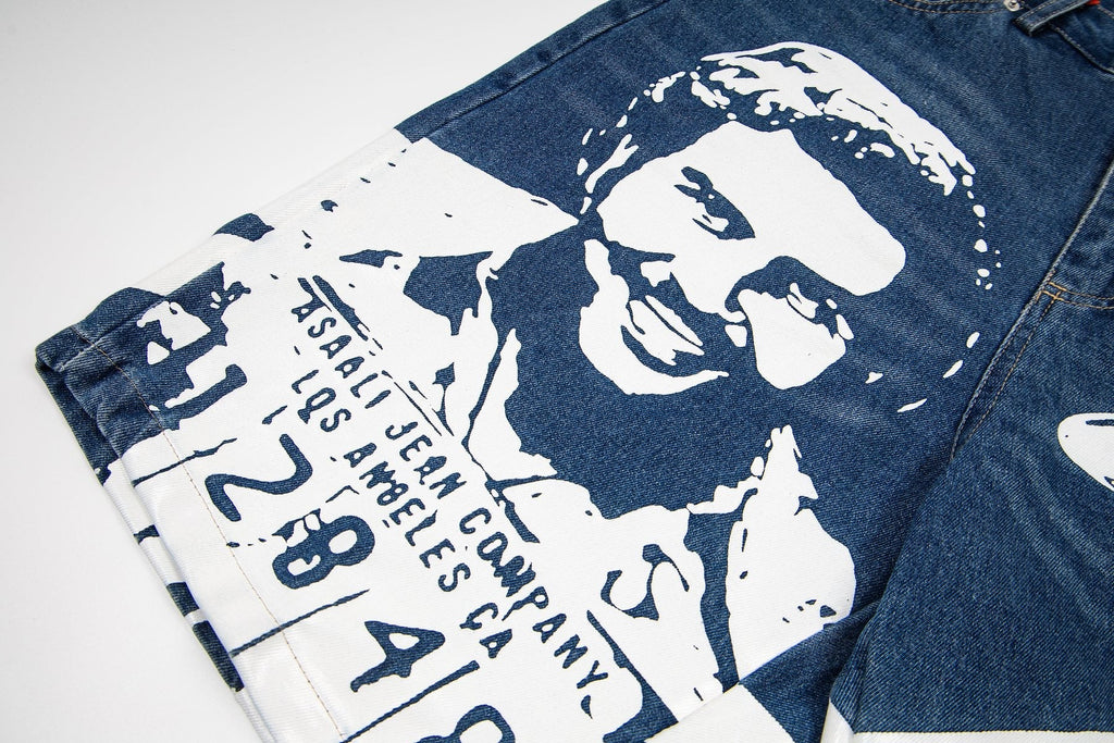 ASAALL Portrait Graphic Washed Denim Shorts — detail