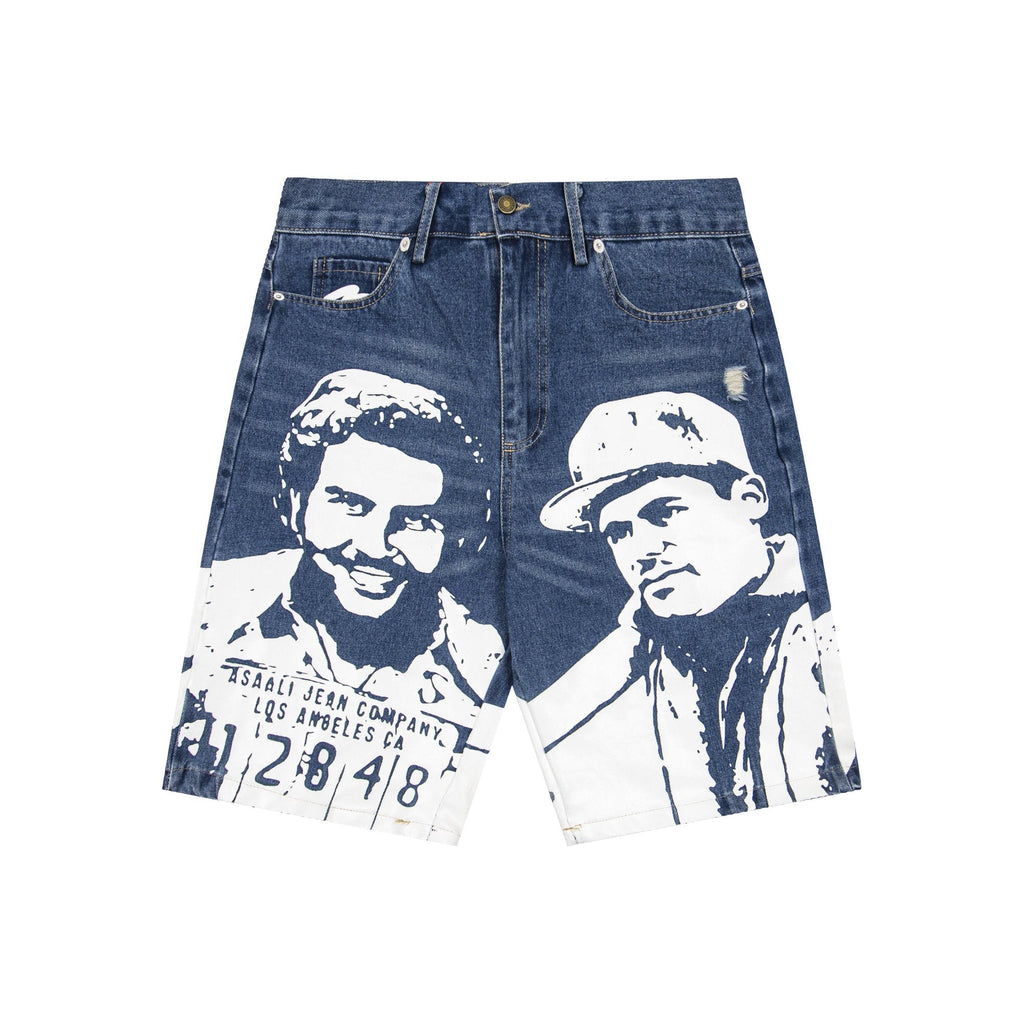 ASAALL Portrait Graphic Washed Denim Shorts — hero