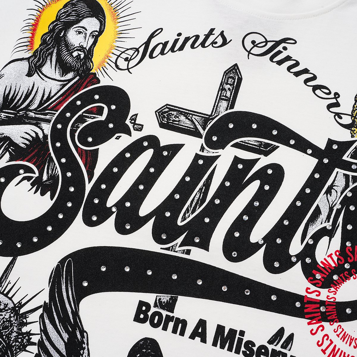 SAINT Rhinestone Religious Graphic T-Shirt — detail