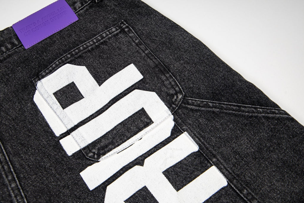 THAT'S A AWFUL LOT OF COUGH SYRUP Washed Denim Graphic Shorts — detail