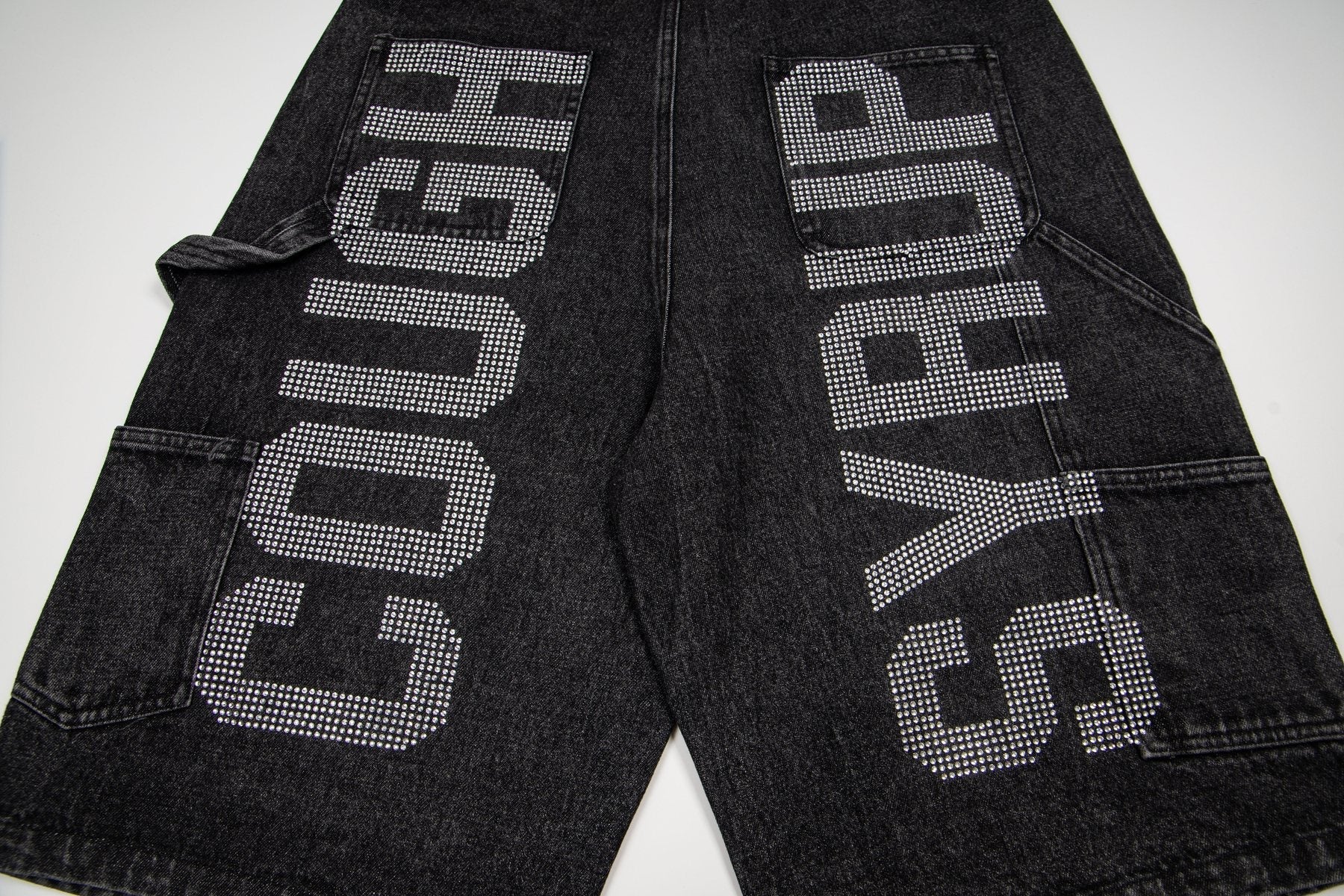 THAT'S A AWFUL LOT OF COUGH SYRUP Rhinestone Washed Denim Shorts — detail