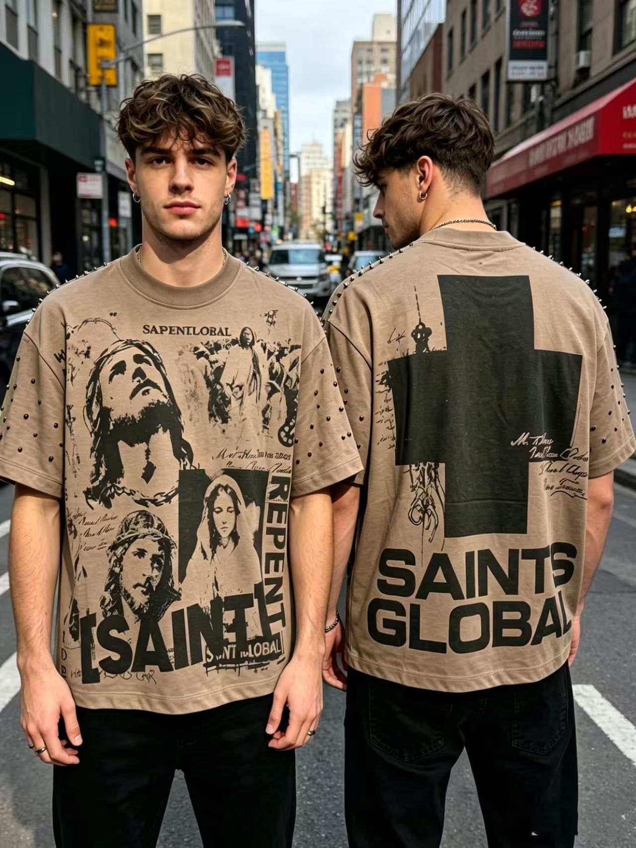 SAINT Taupe Front & Back Graphic T-Shirt — context
