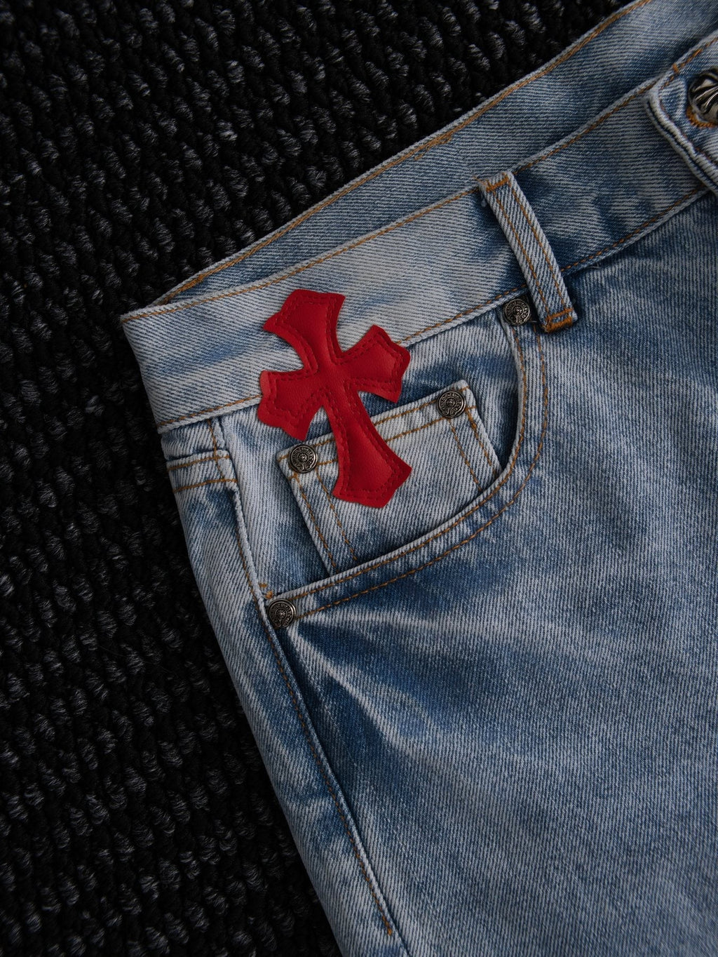 Chrome Hearts Light Blue Cross Patch Jeans — detail