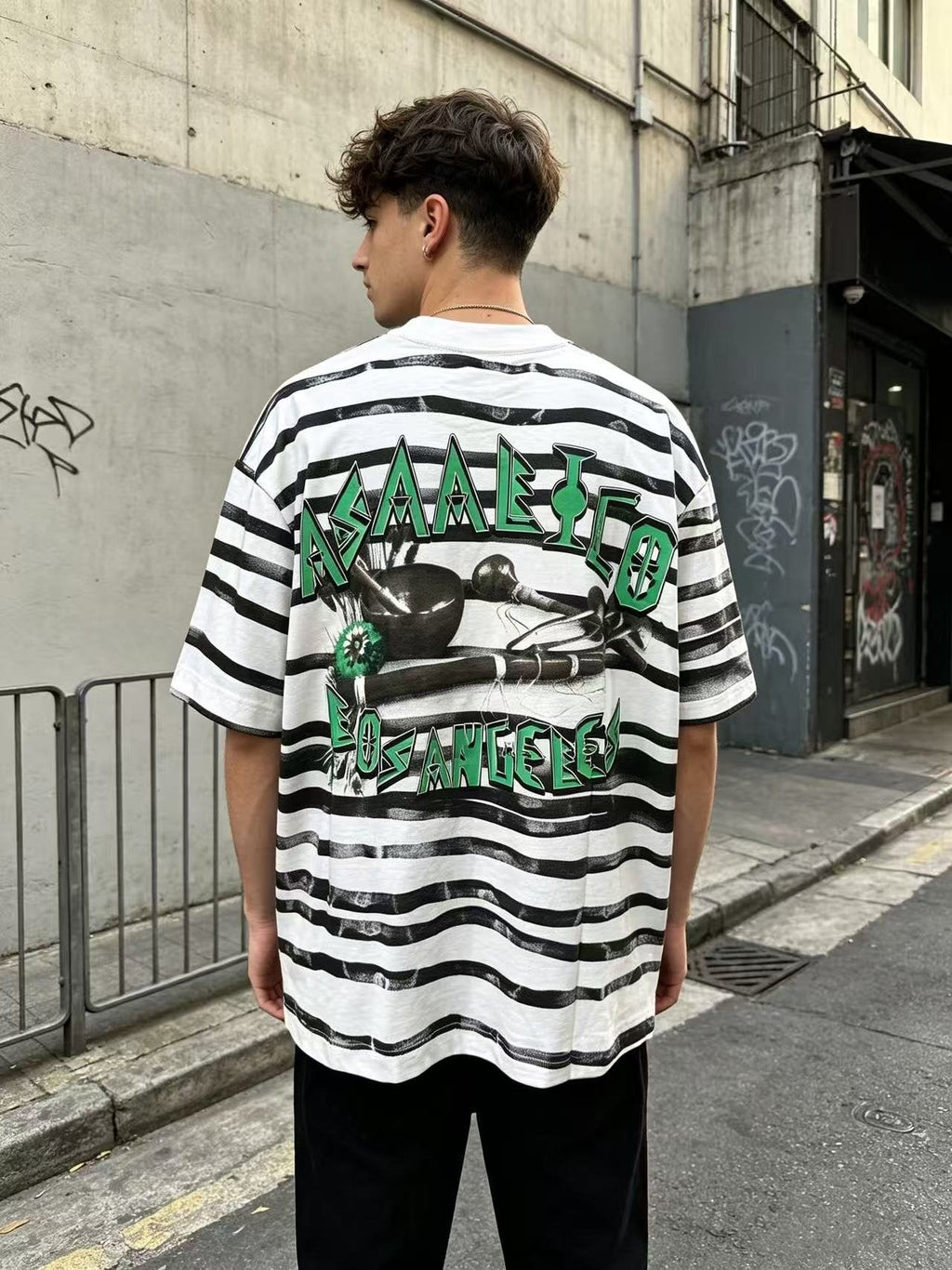 ASAALL Striped Front & Back Graphic T-Shirt — model