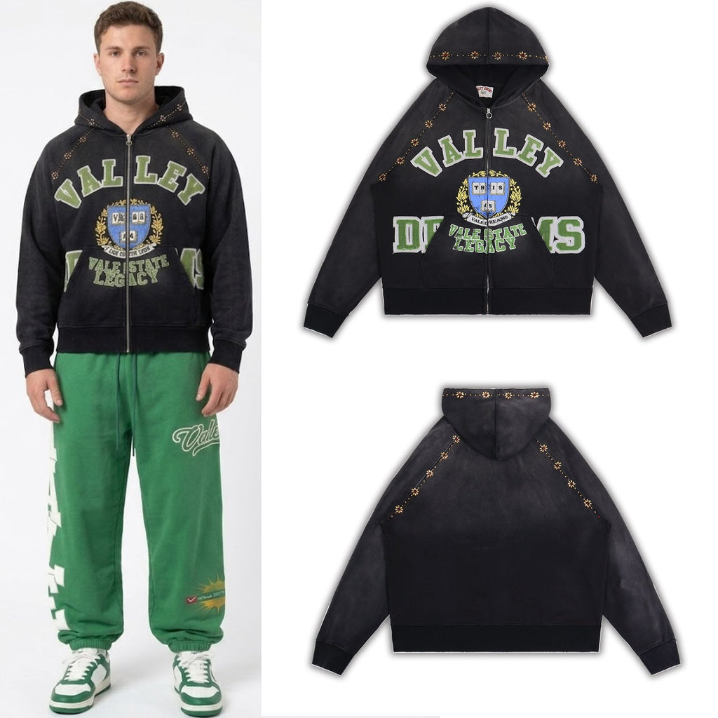 Valley Dreams Washed Black Collegiate Crest Zip Hoodie — context