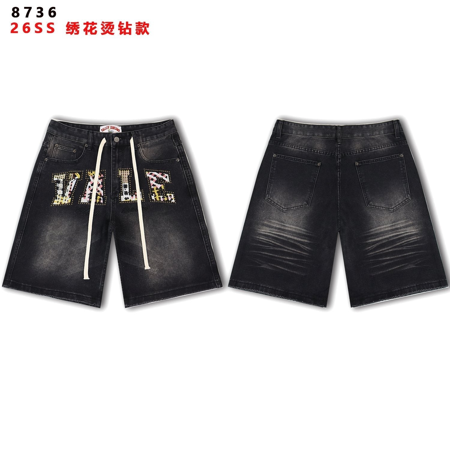 Valley Dreams Plaid Appliqué Rhinestone Denim Shorts — front