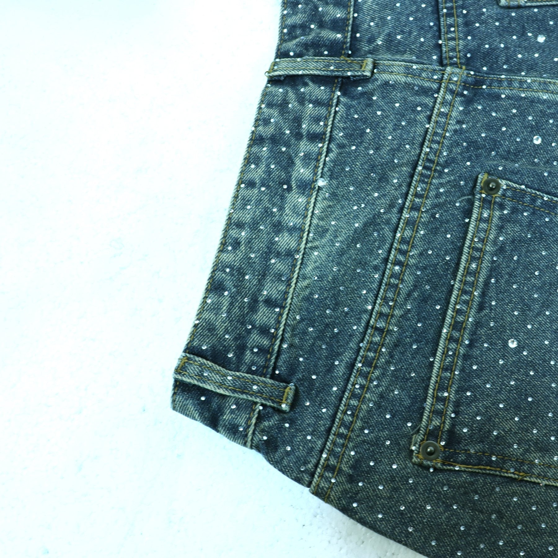VALLEY Rhinestone Splatter Washed Denim Shorts — detail