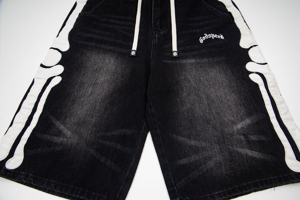 Godspeed Bone Applique Denim Shorts — detail