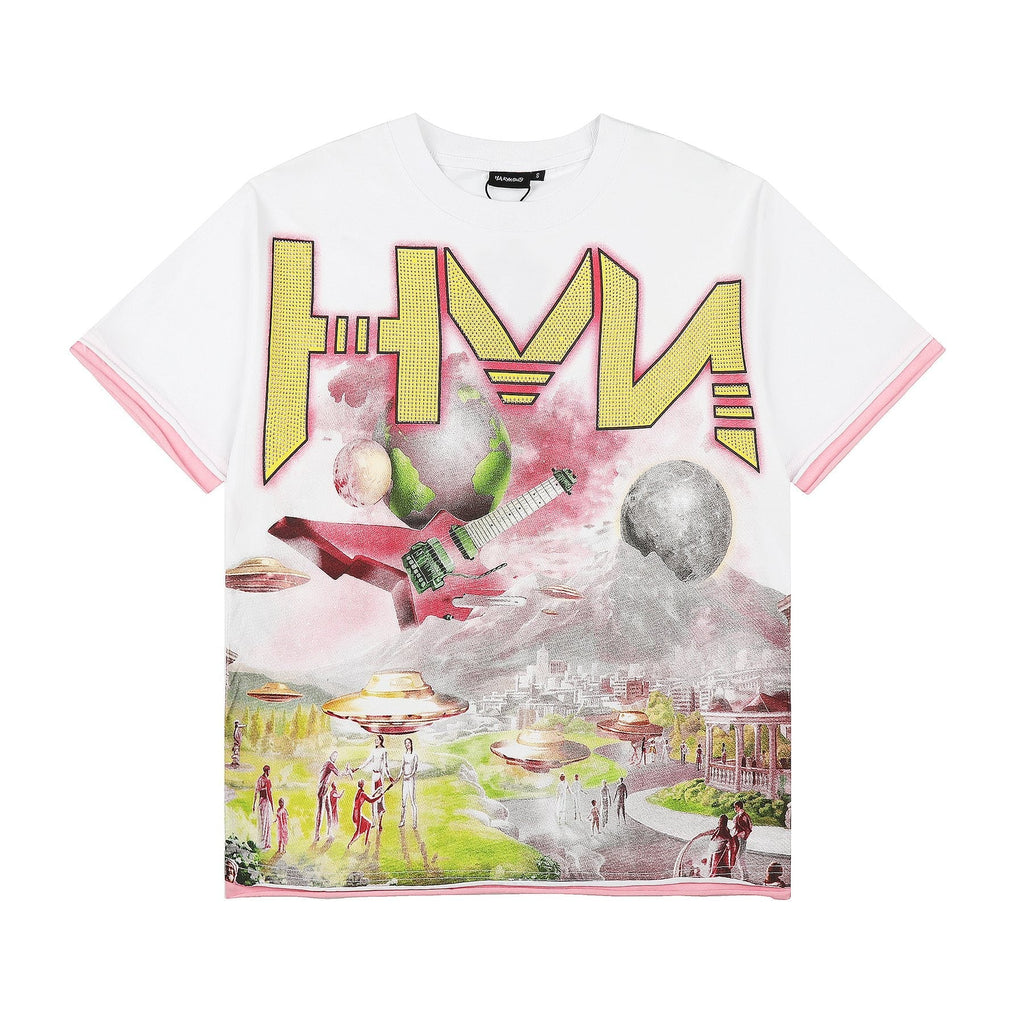 HARMONY Pink-Trim Distressed Graphic T-Shirt — front