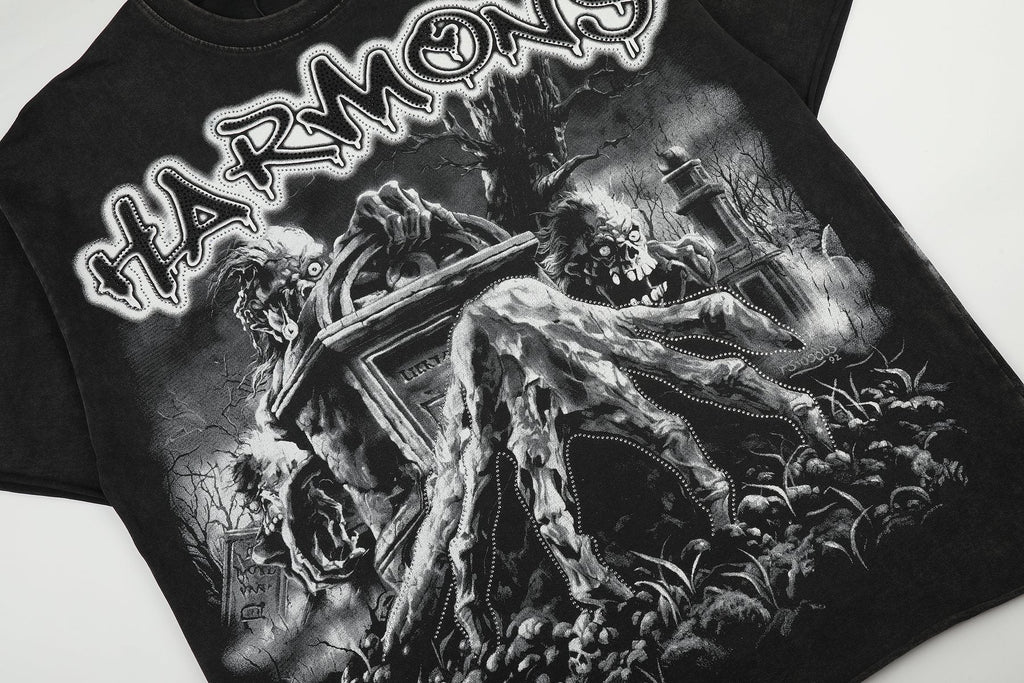 HARMONY Washed Black Rhinestone Graphic T-Shirt — detail