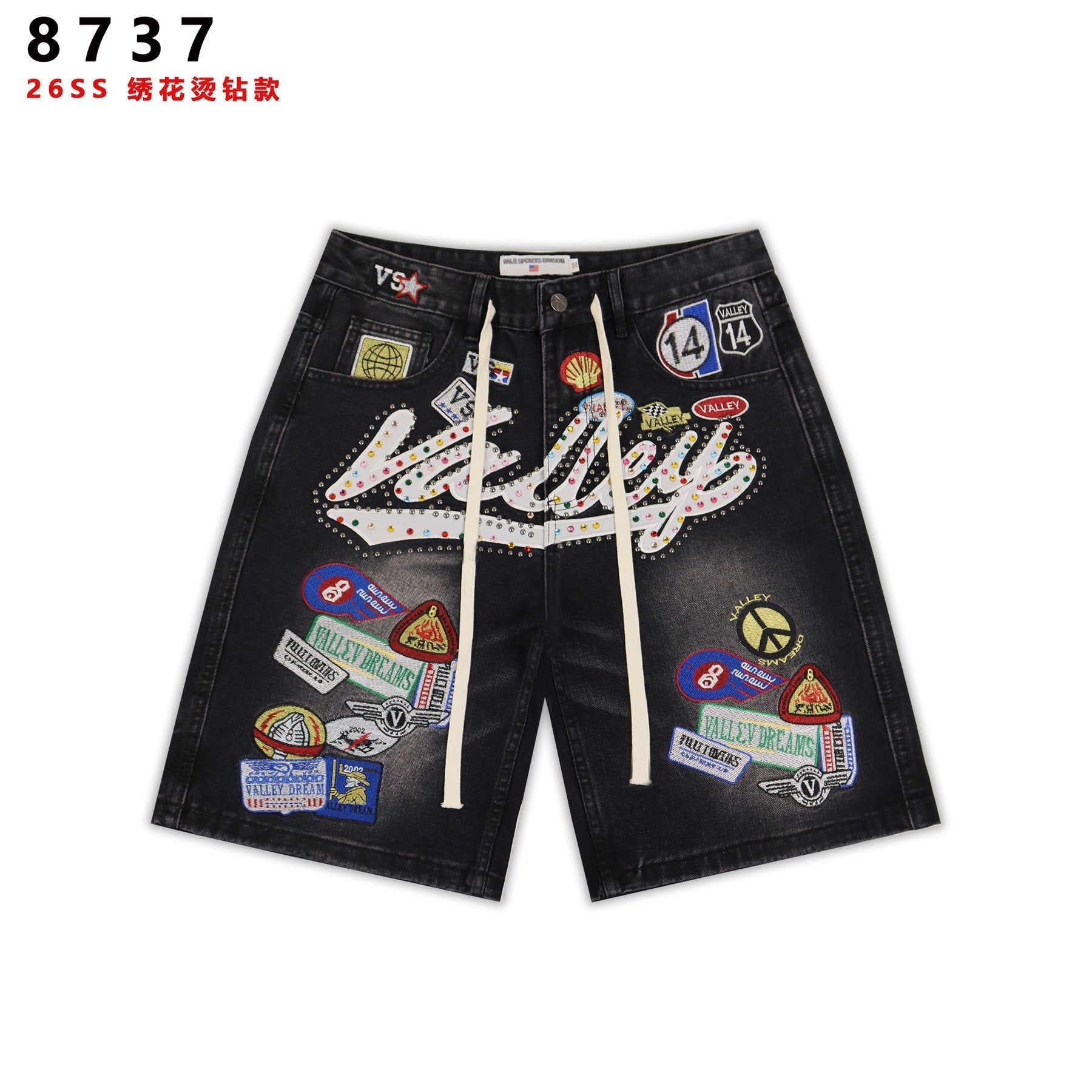VALE SPORTS DIVISION Patch Embroidered Studded Denim Shorts — front