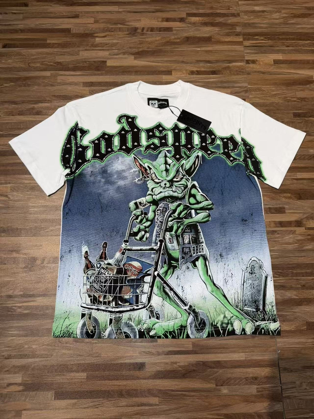 Godspeed Green Cart Character Graphic T-Shirt — front