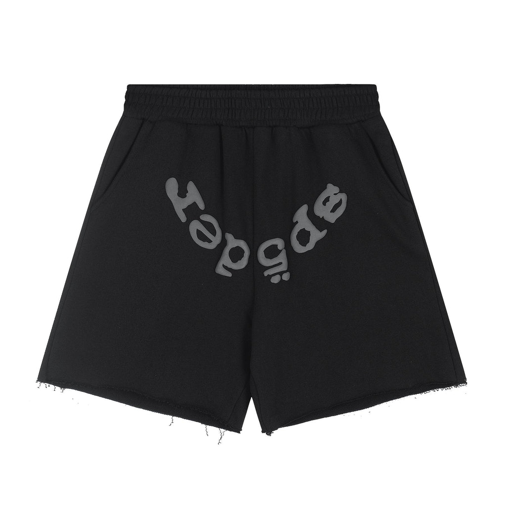 Sp5der Curved Wordmark Raw-Hem Shorts — front