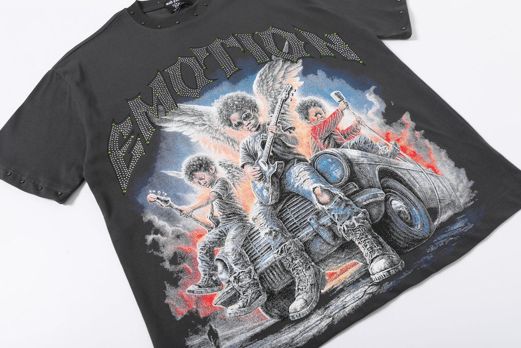 MIXED EMOTION Studded Angel Graphic T-Shirt — front