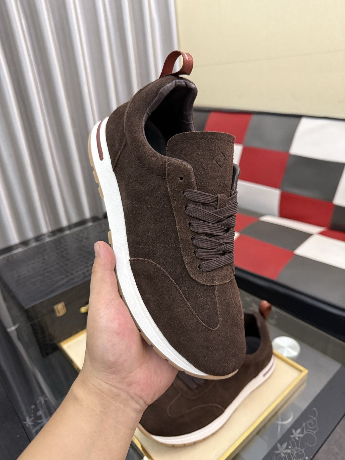 Dark Brown Lace-Up Sneakers with White Soles — model