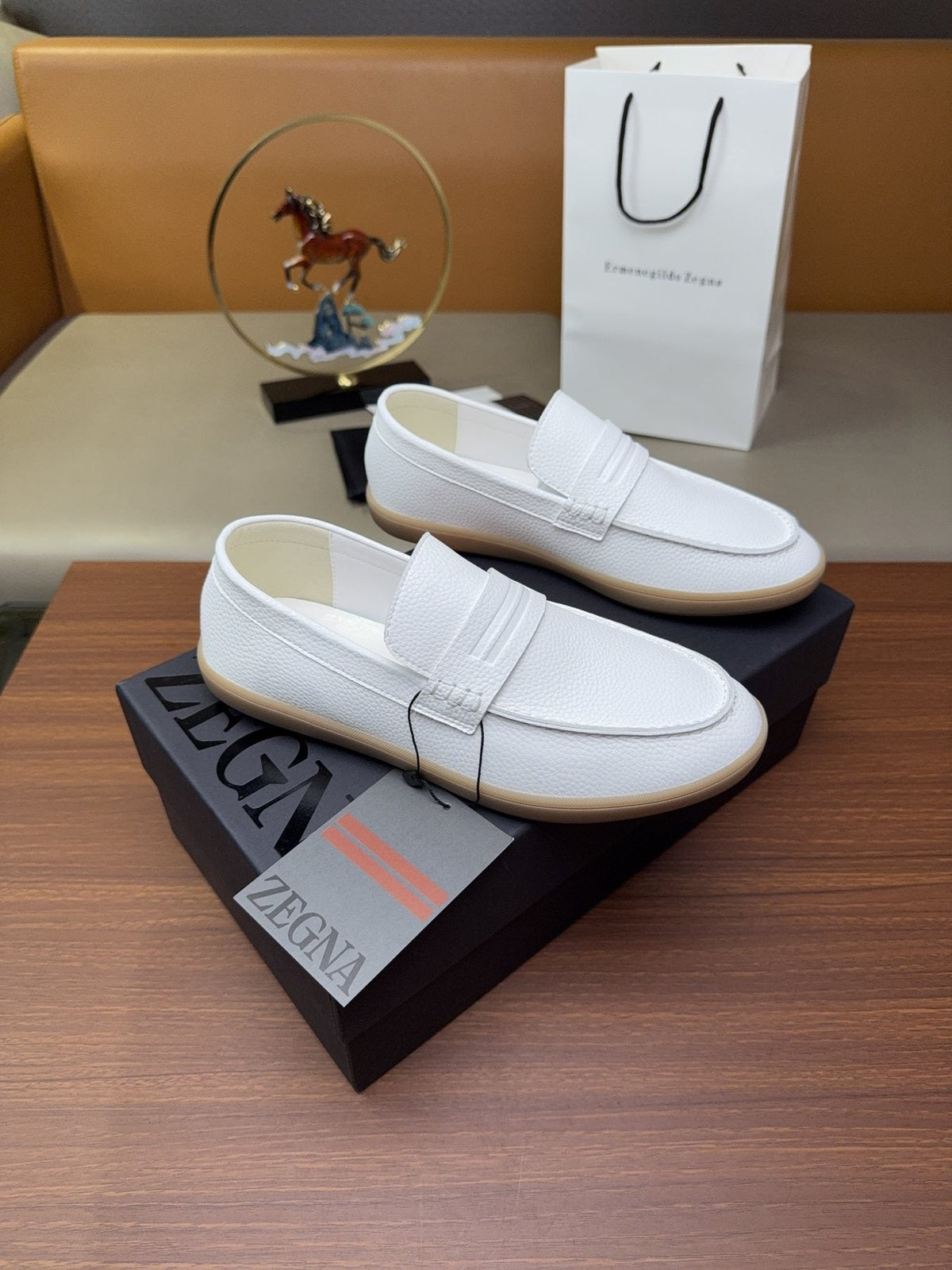 Zegna White Strap Loafers — front