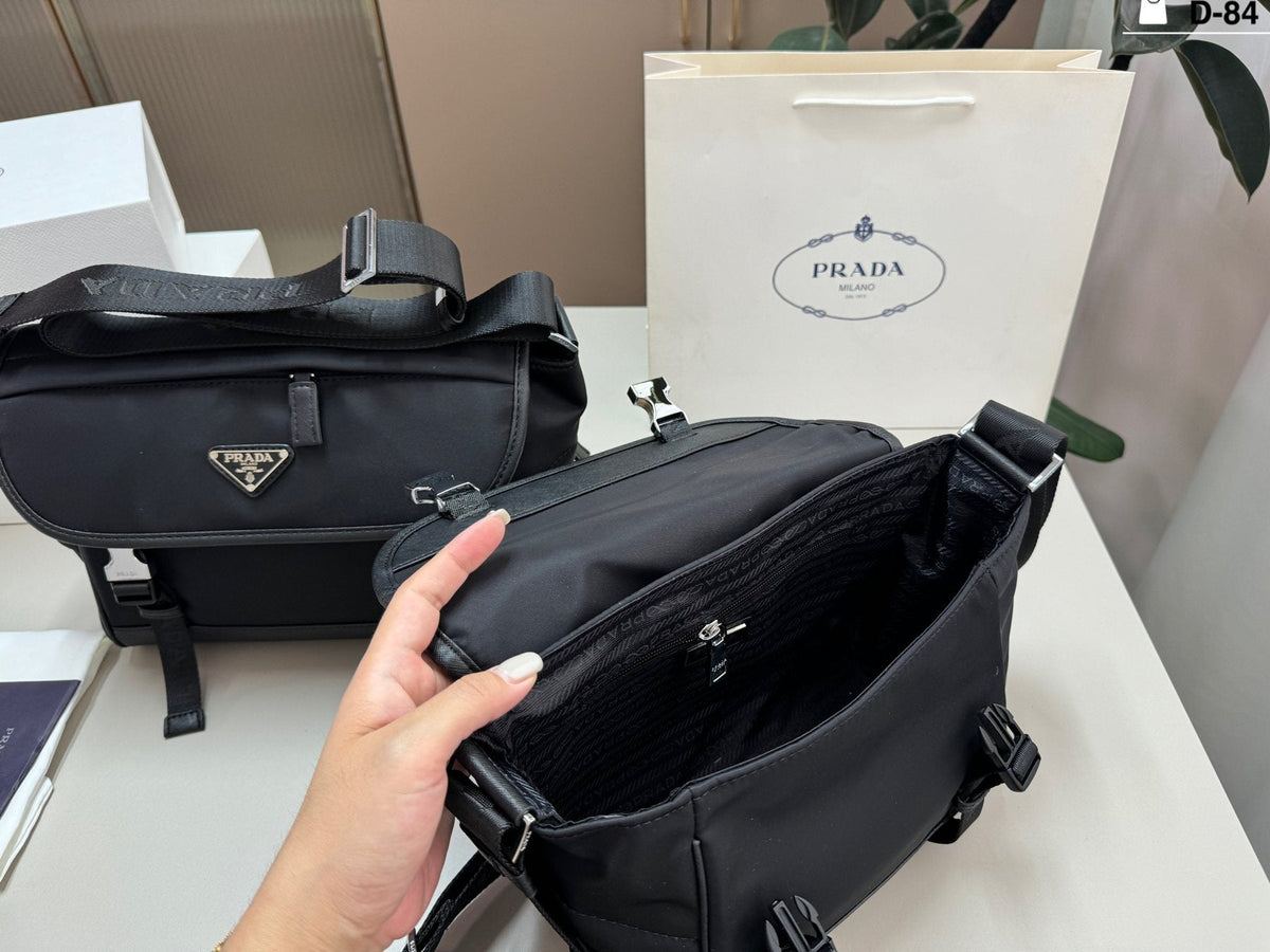 Prada Black Nylon Double-Buckle Messenger Bag — front