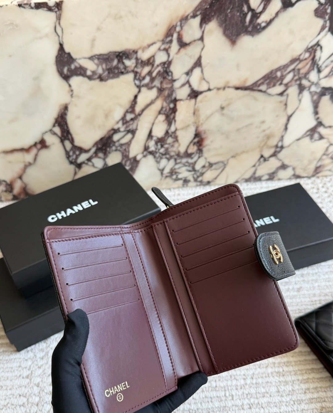 Chanel Diamond-Quilted Tab Wallet — detail