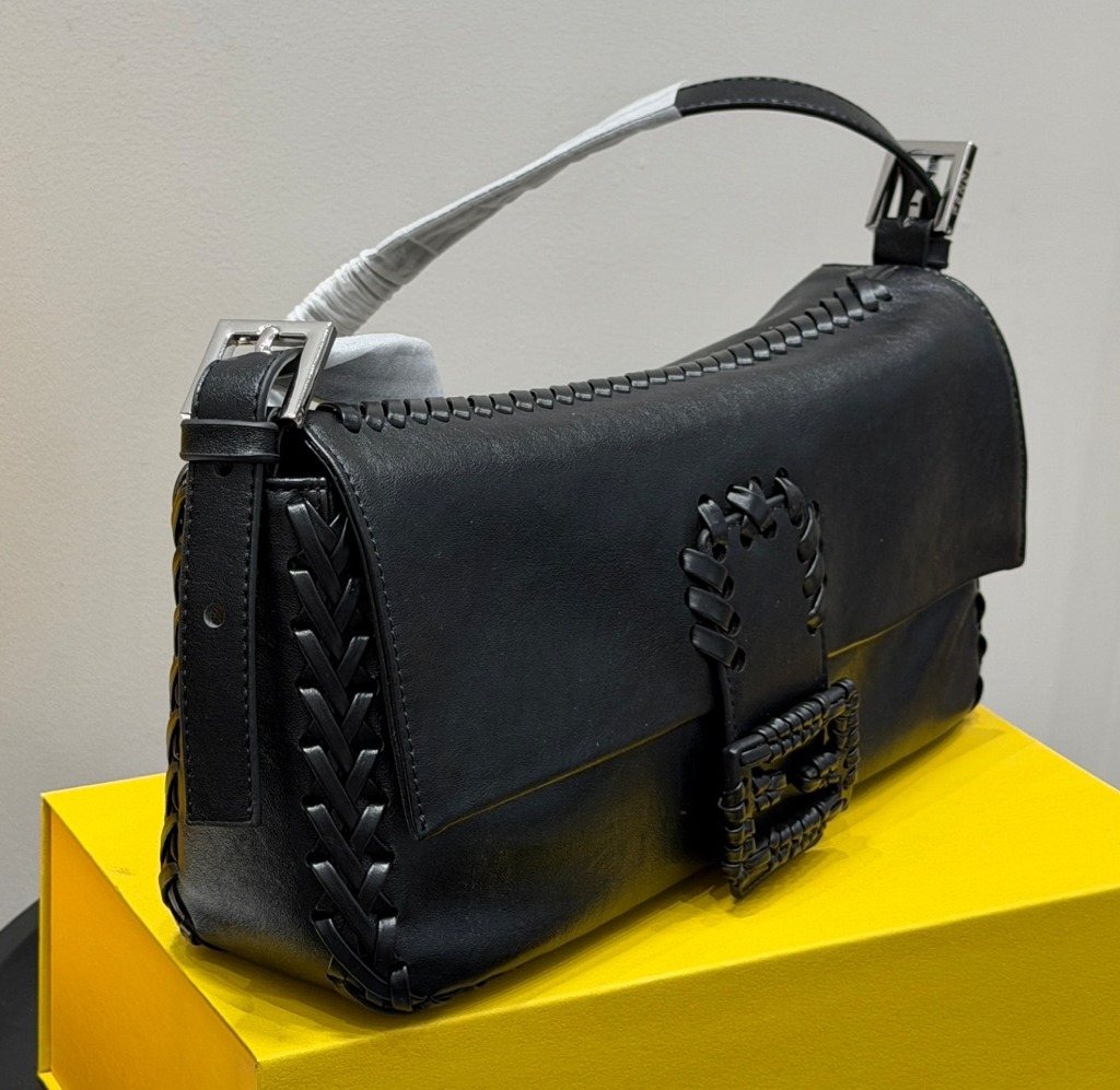 Fendi Baguette Stitched Leather Shoulder Bag — side