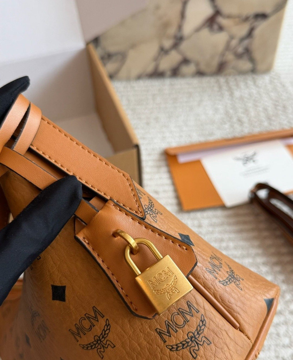 MCM Monogram Curved Hobo Shoulder Bag — detail