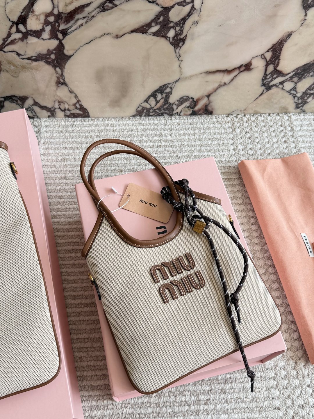 Miu Miu Ivy Canvas Tote Bag with Brown Trim — front