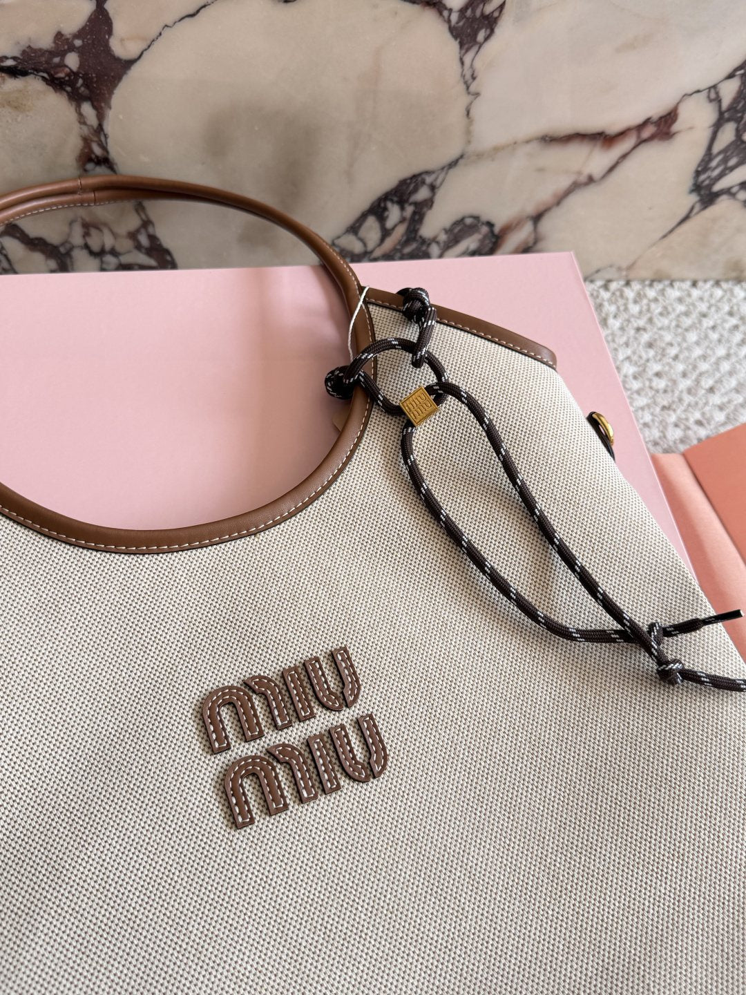 Miu Miu Ivy Canvas Tote Bag with Brown Trim — detail