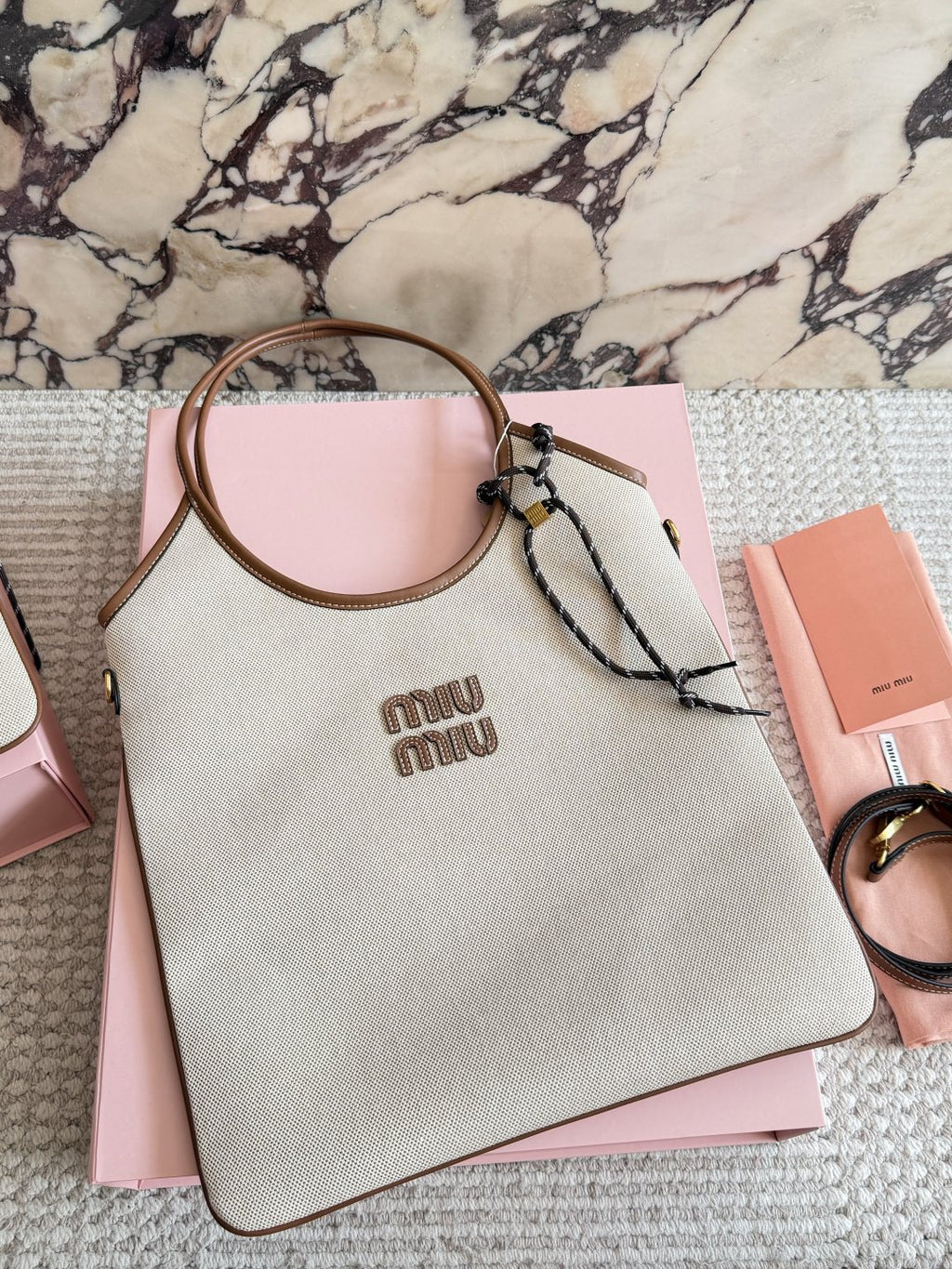 Miu Miu Ivy Canvas Tote Bag with Brown Trim — hero