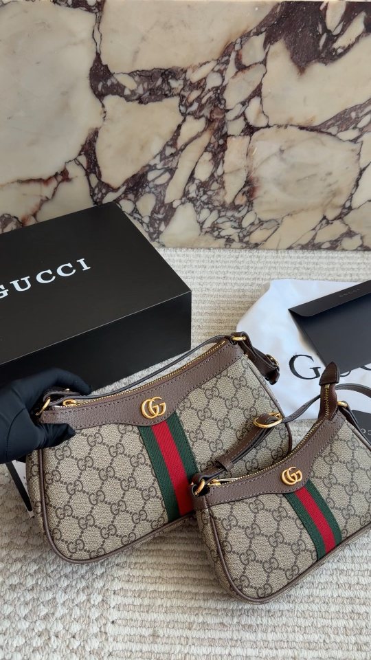 Gucci Monogram Baguette Shoulder Bag with Web Stripe — comparison