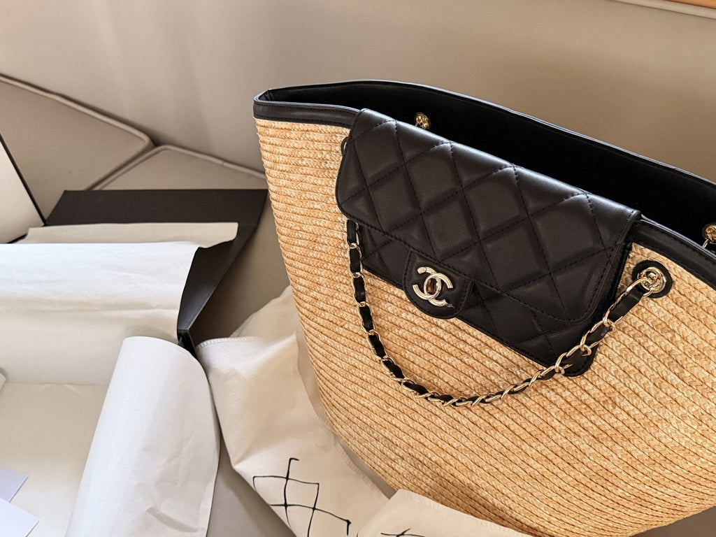 Chanel Woven Basket Bag with Quilted Flap — detail