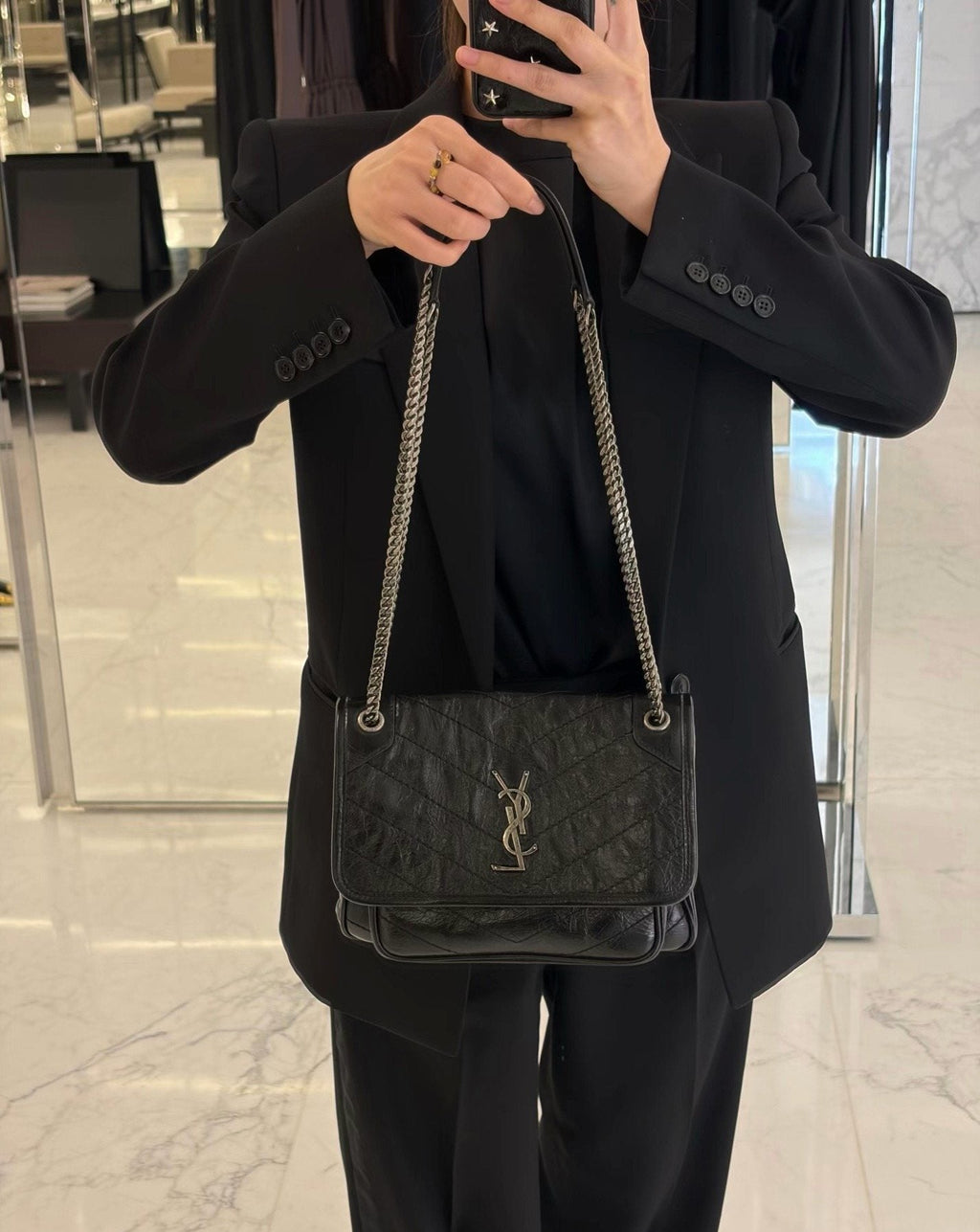 Saint Laurent Niki Chevron-Quilted Shoulder Bag — model