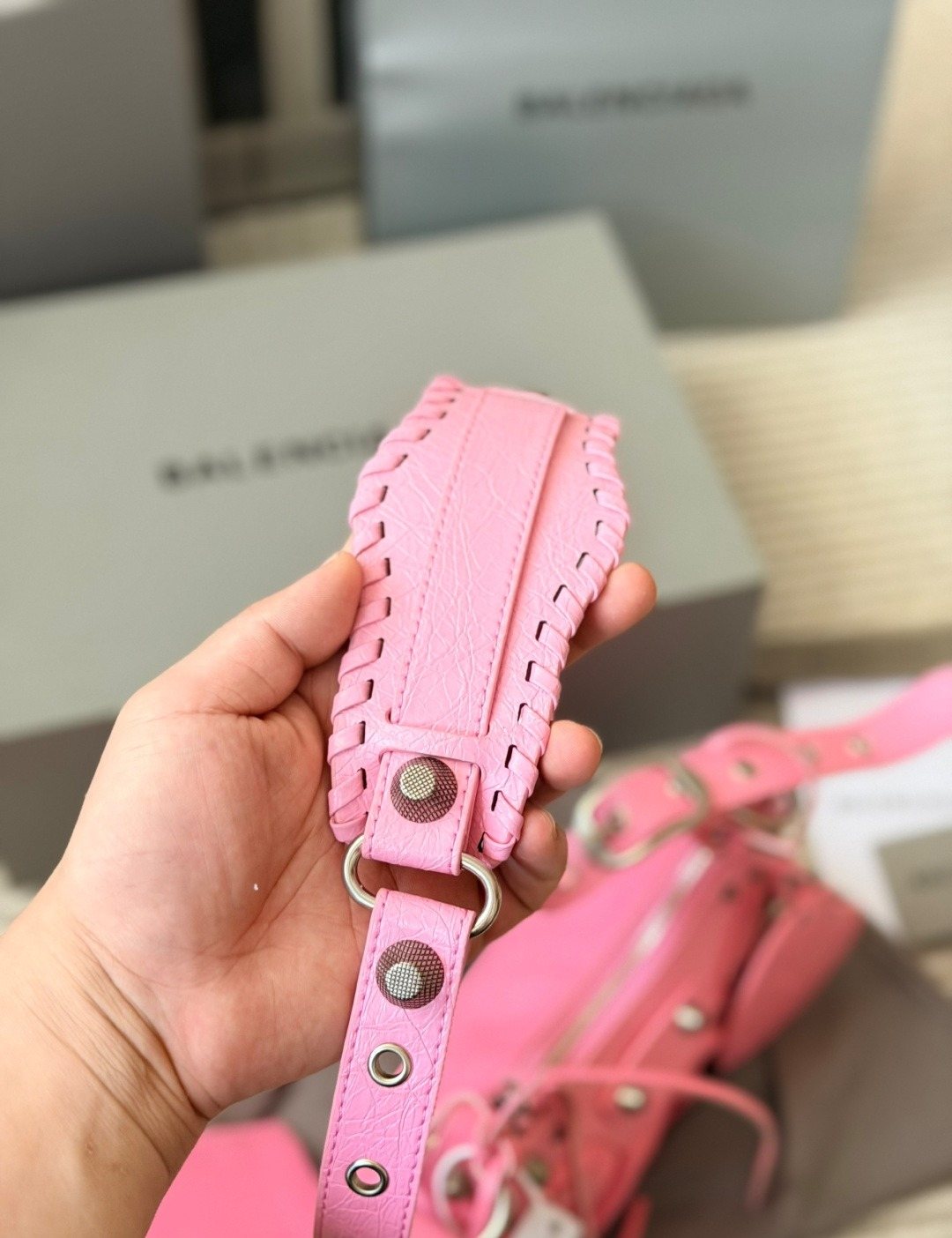 Balenciaga Le Cagole Studded Crescent Shoulder Bag — detail