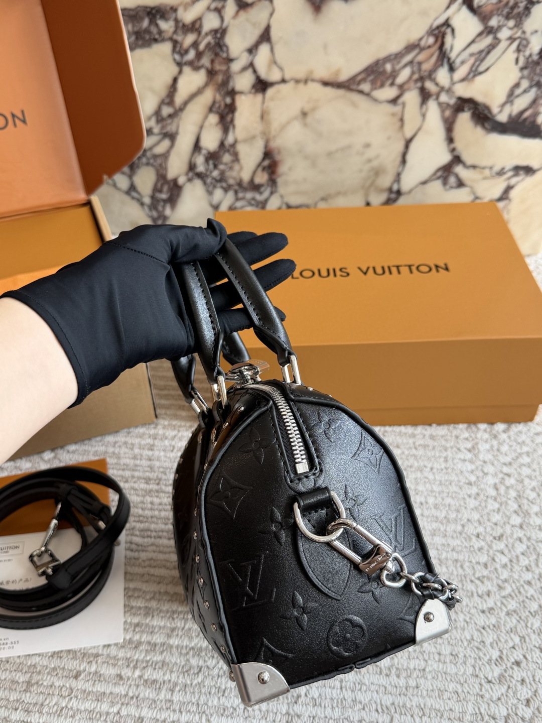 Louis Vuitton Nano Speedy Black Embossed Monogram Bag — side