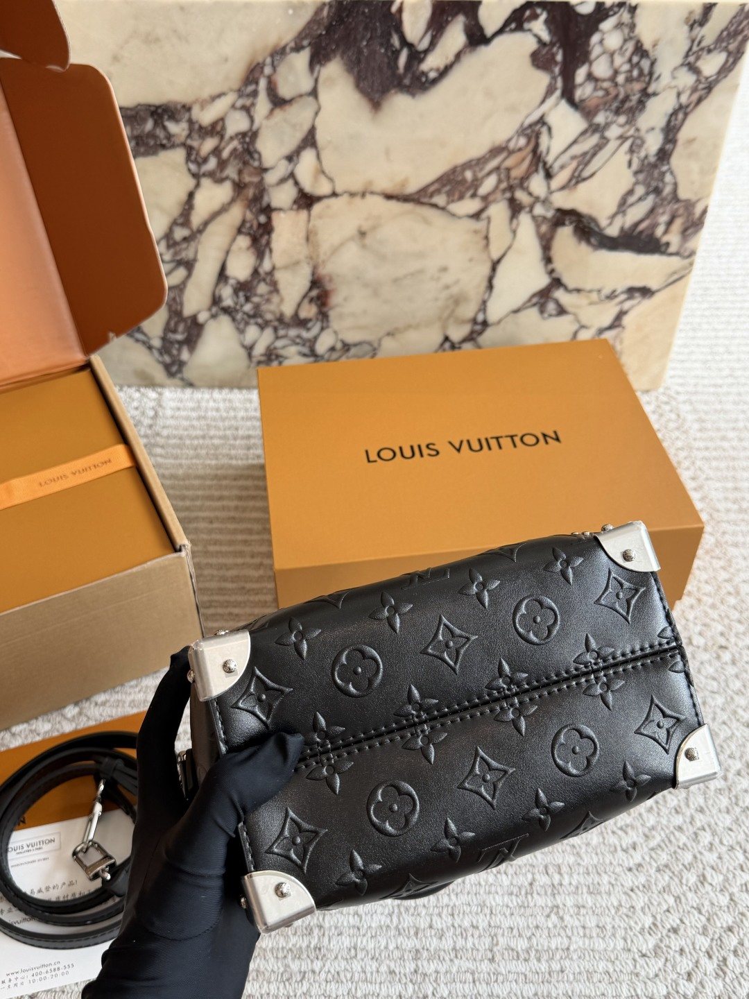 Louis Vuitton Nano Speedy Black Embossed Monogram Bag — front