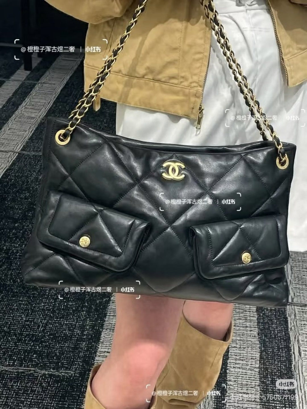 Chanel Quilted Chain-Strap Shoulder Bag with Twin Front Pockets — model