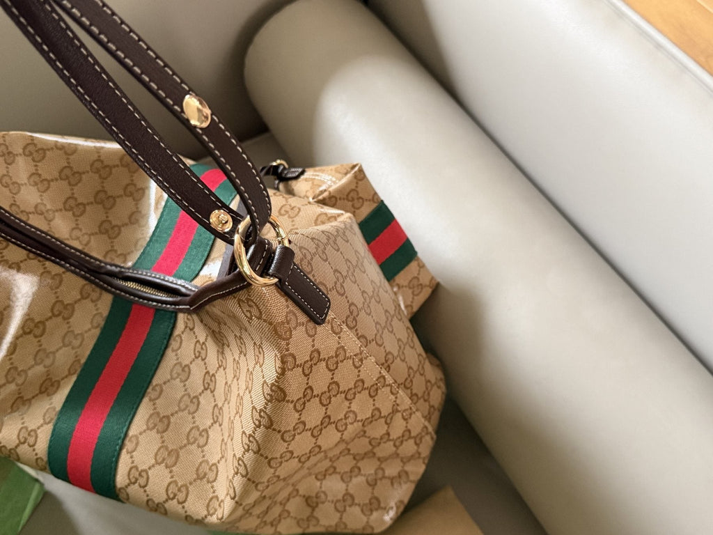 Beige Monogram Tote with Red-Green Stripe and Pouch — detail