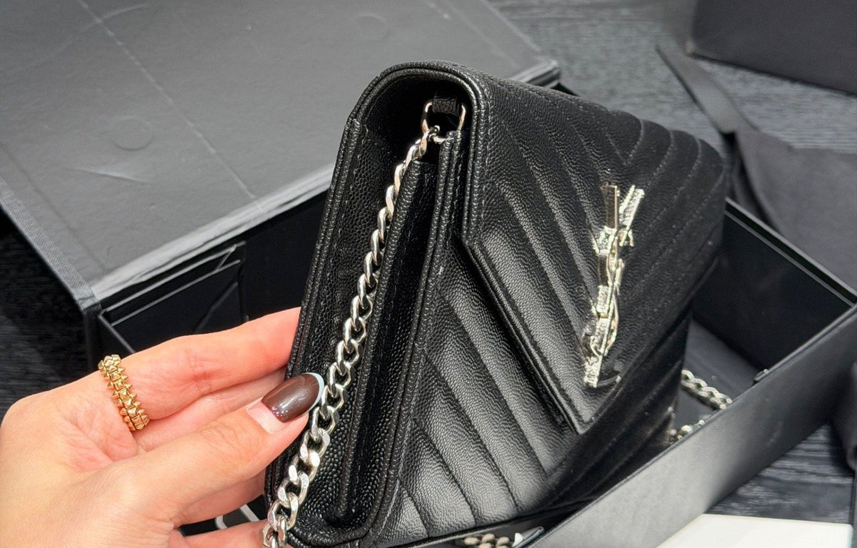 Saint Laurent Chevron-Quilted Envelope Wallet on Chain — side