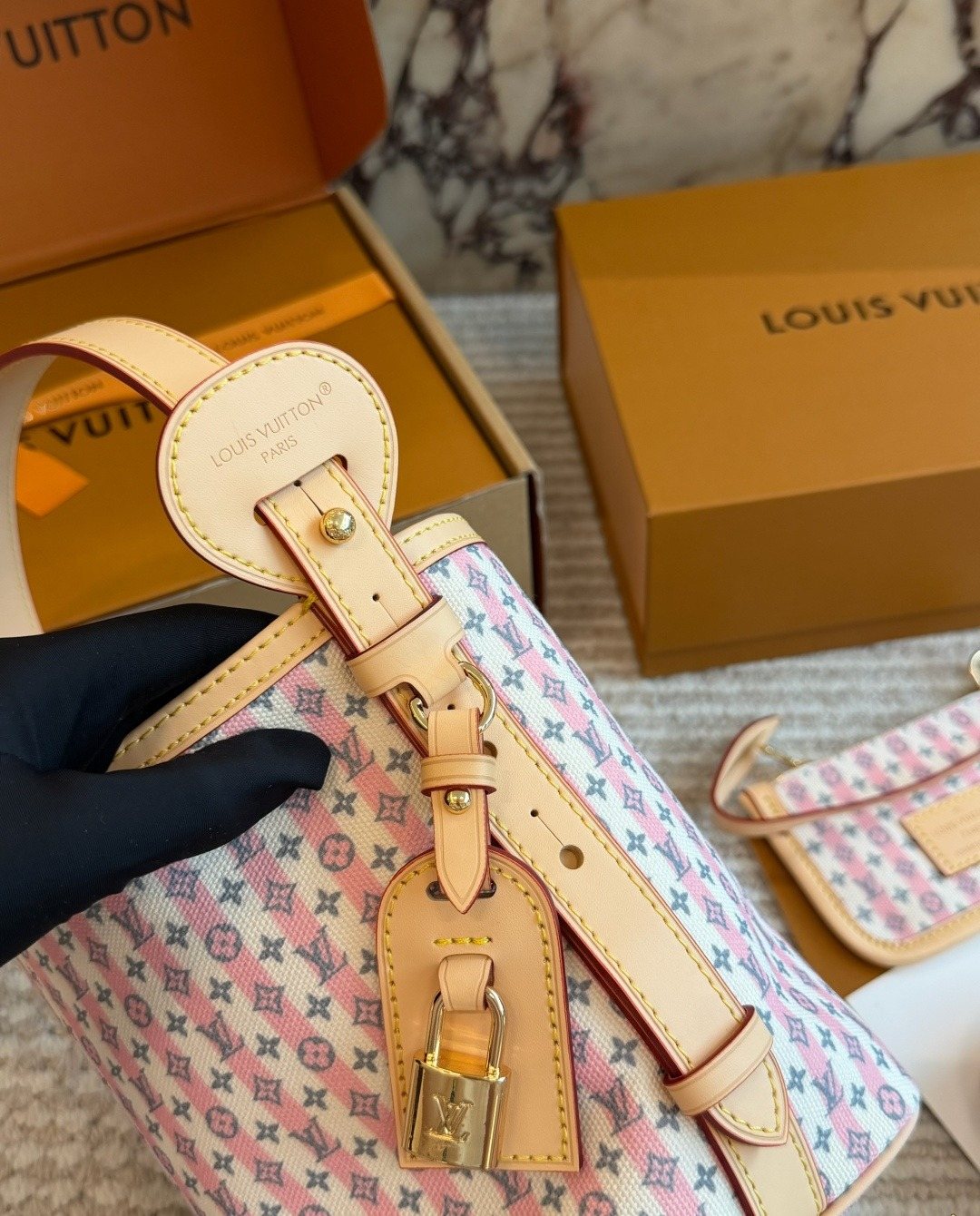 Louis Vuitton All In BB Pink Patterned Bucket Bag — detail
